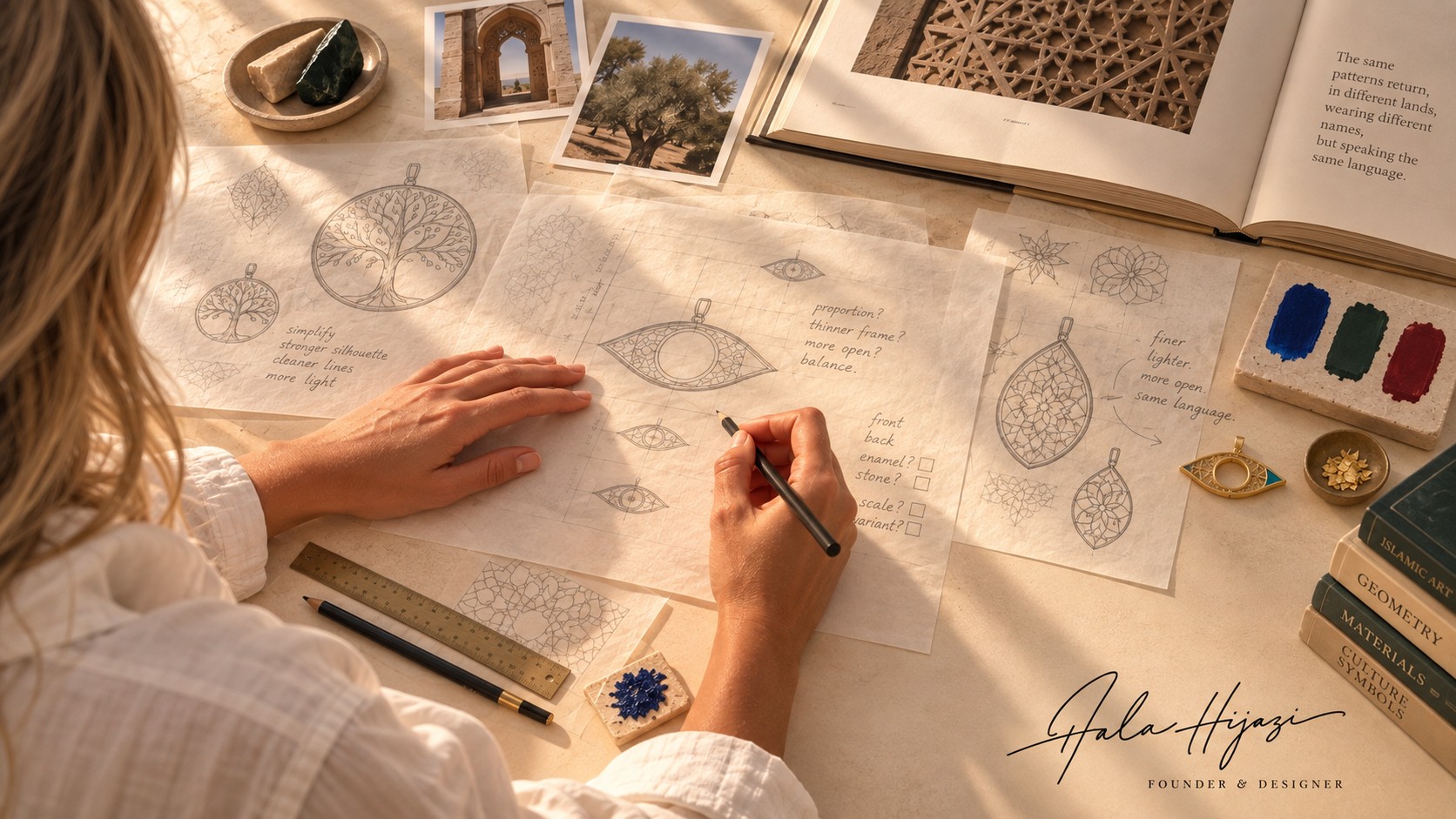 Hala Hijazi at the working table: tracing paper, pencil, color tests and the twelve taking shape.