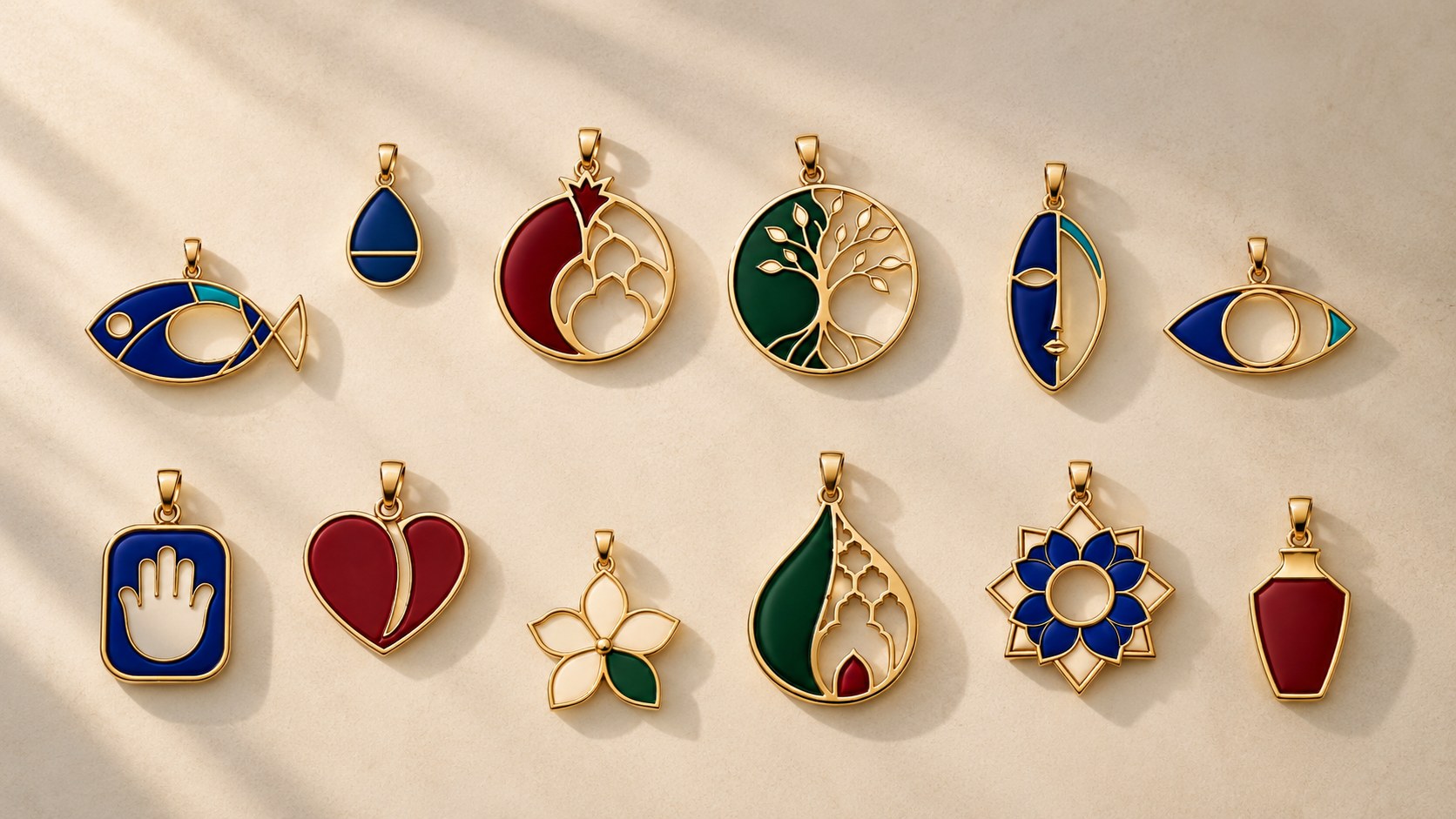 All twelve pieces, fronts, laid out in sunlight.