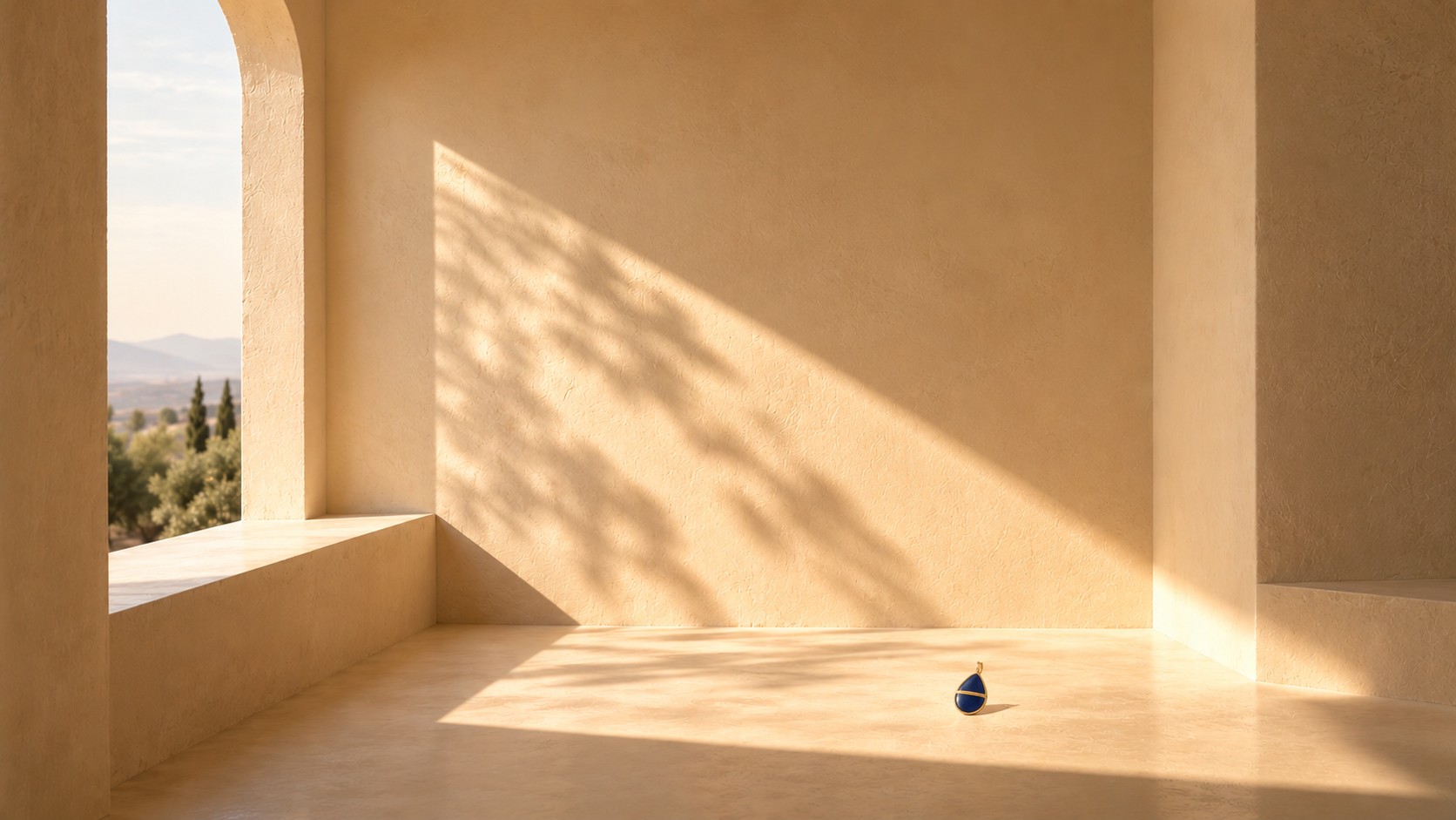 An ivory-plaster room with one tall opening, and the Seed lying in the pool of sunlight.