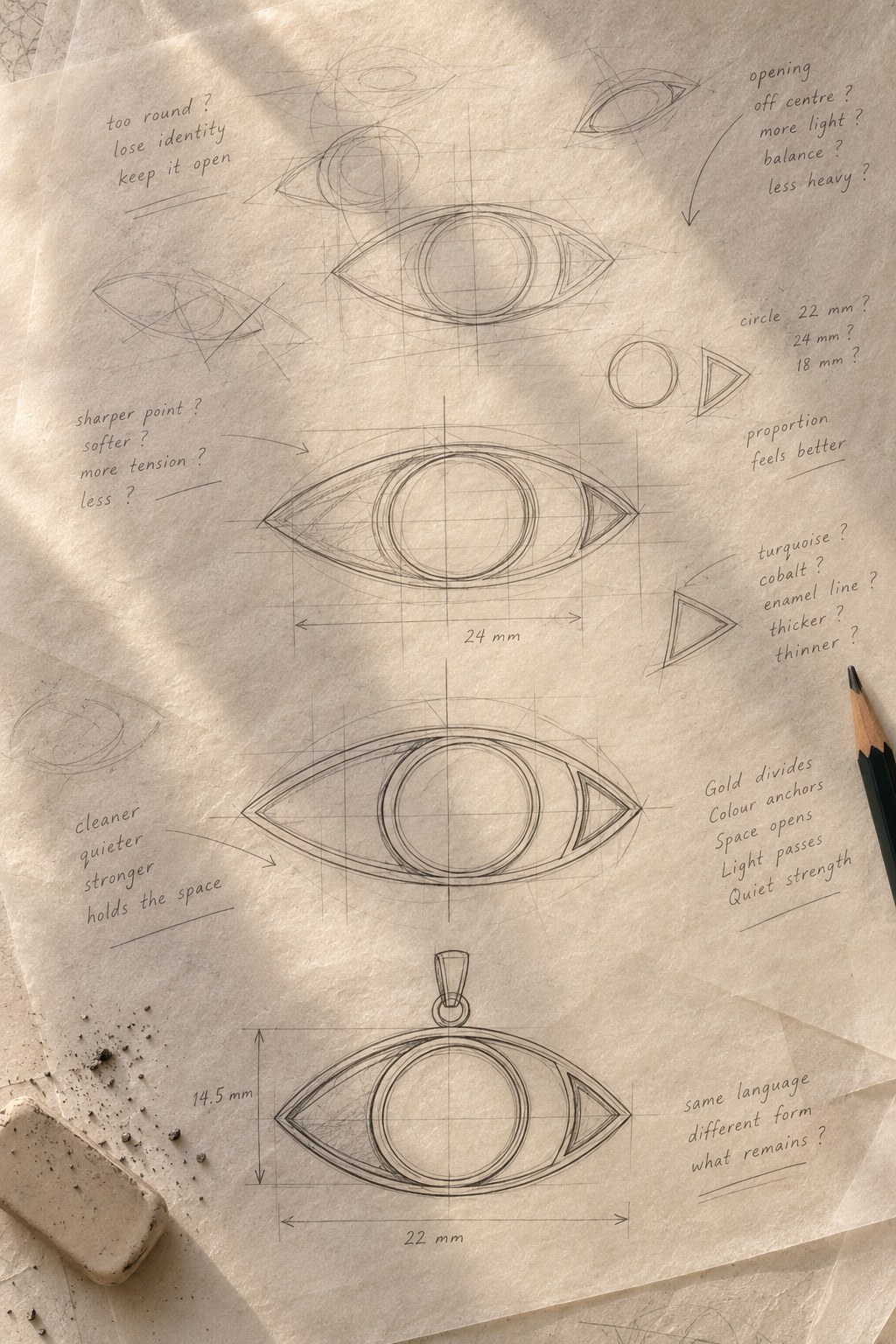 Working sheet: the Eye redrawn, measured and questioned.