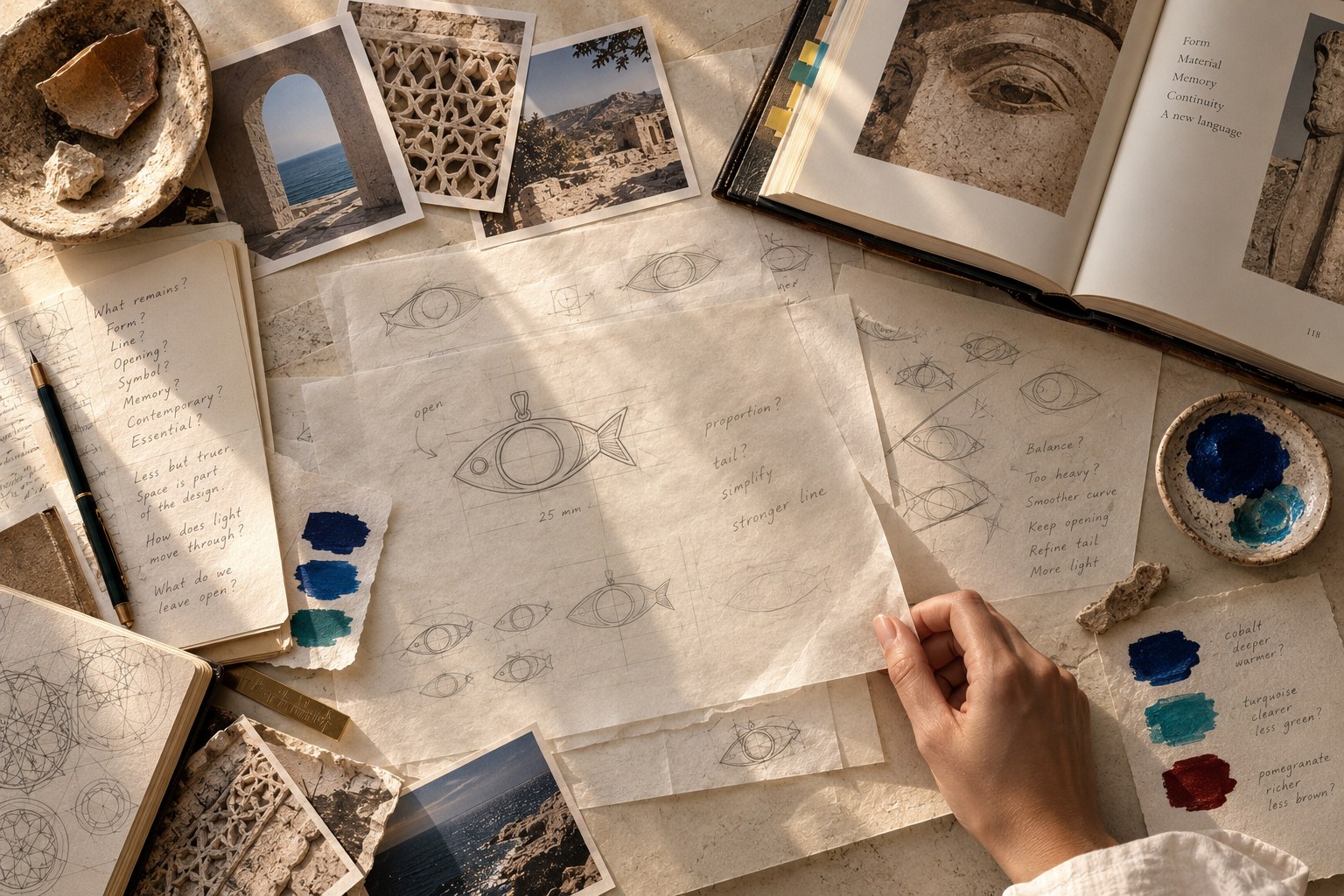 Sketches, rejected versions, dimension questions and color tests for the Eye.